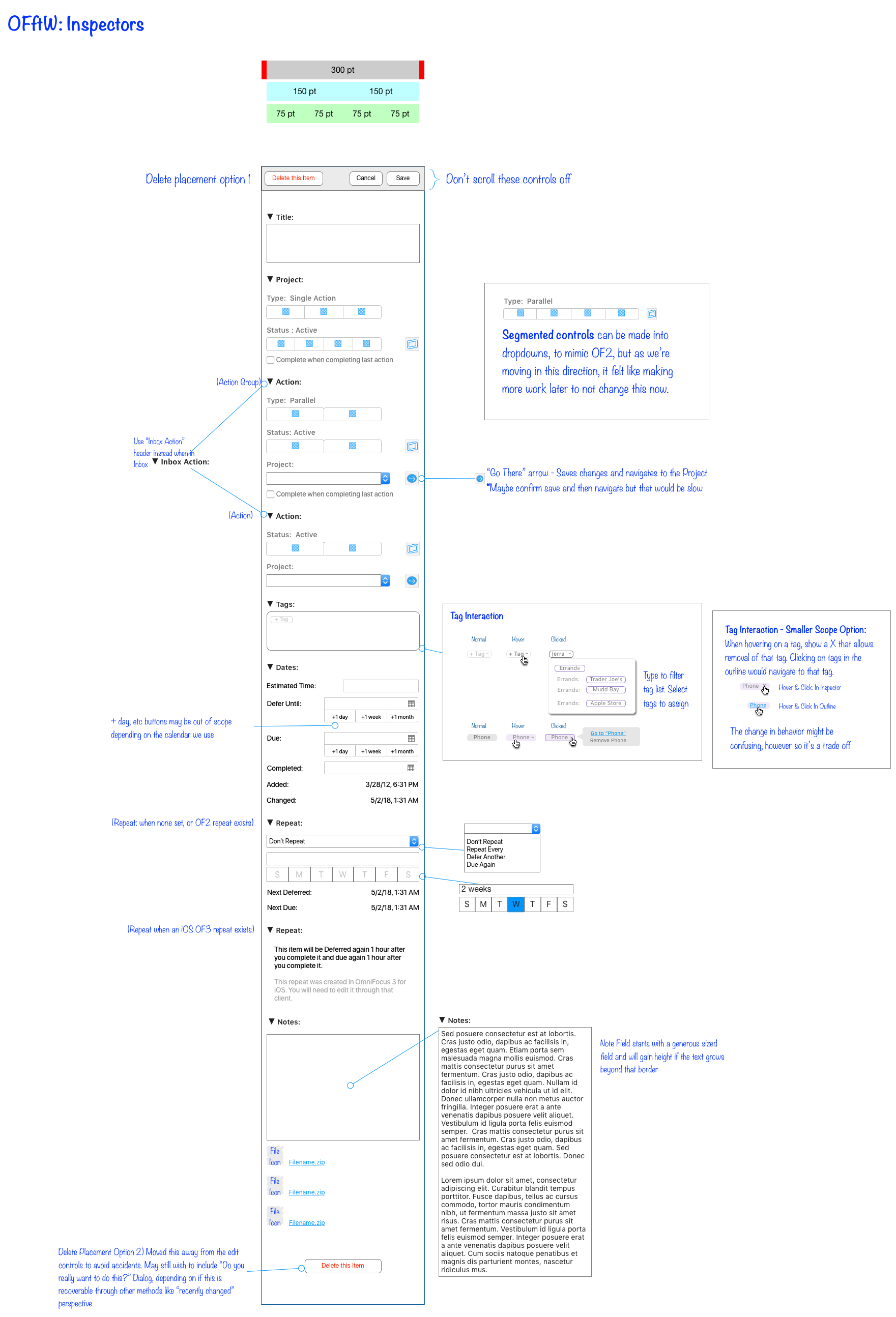 Design document showing the task inspector, including notes to the team about options to expand or contract the scope of what we include