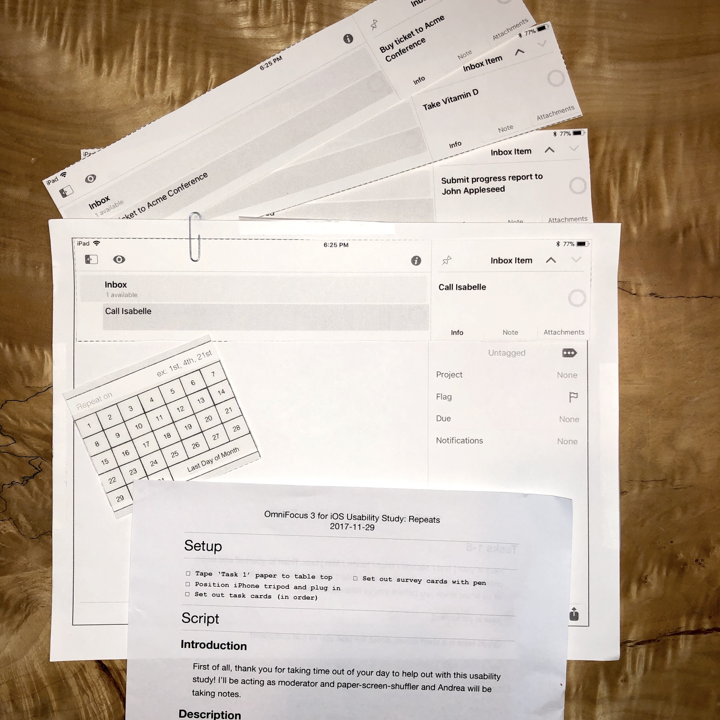 A user observation session script, and paper prototypes of the new interface