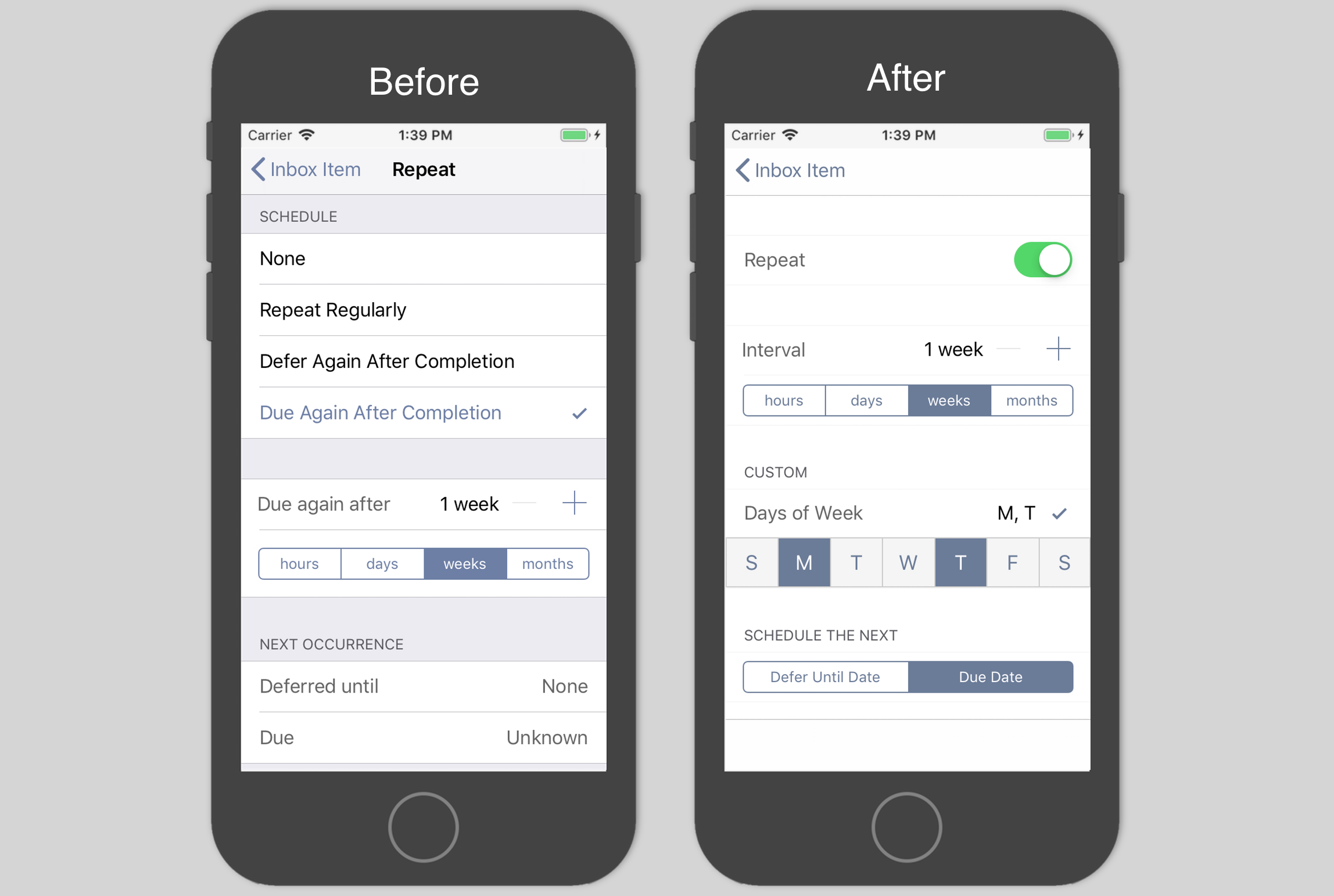 Before and After the redesign - settings were made less intimidating by presenting easier choices firste