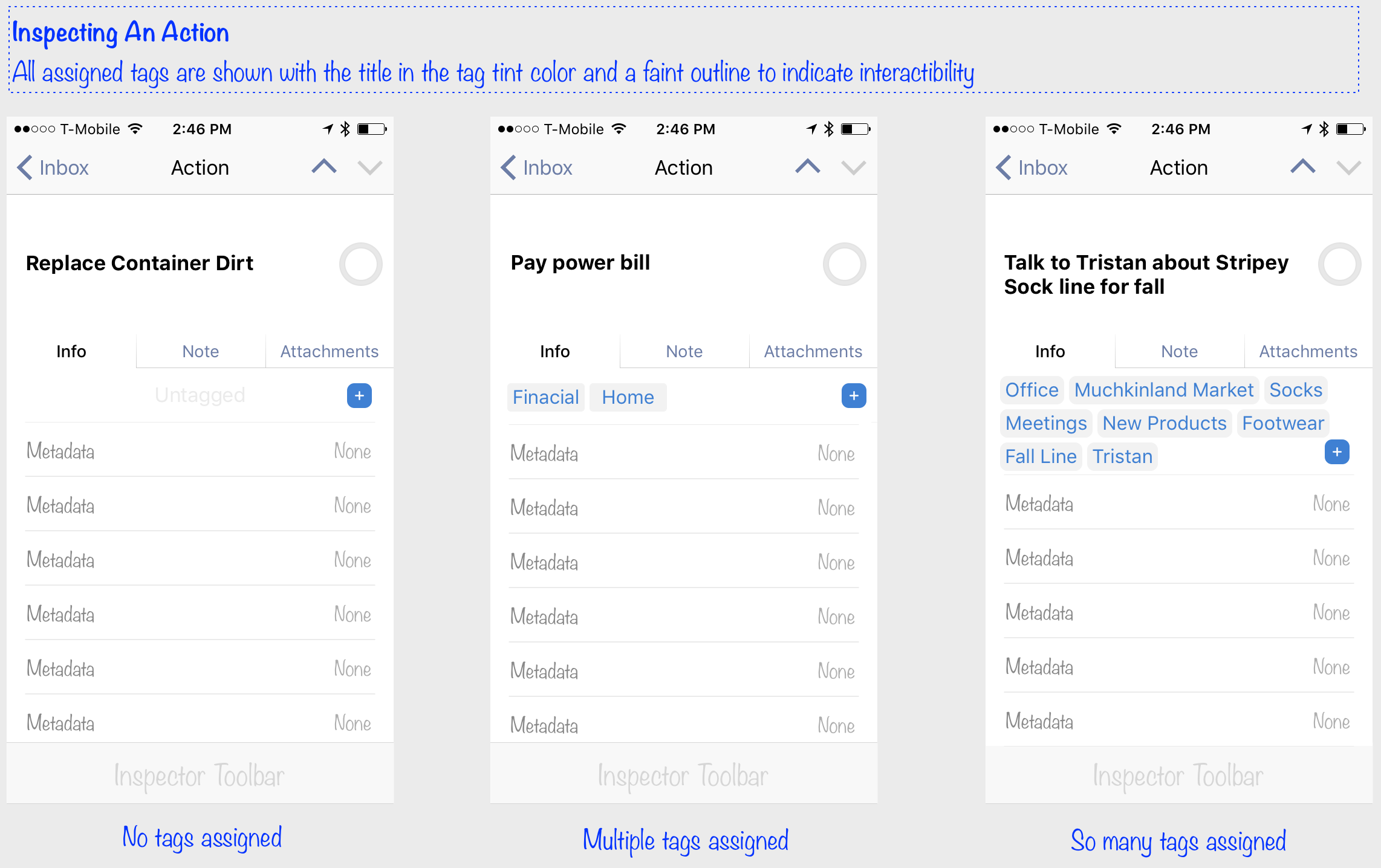 Early mockups of how the Tags feature could integrate into the existing OmniFocus action screen on iOS