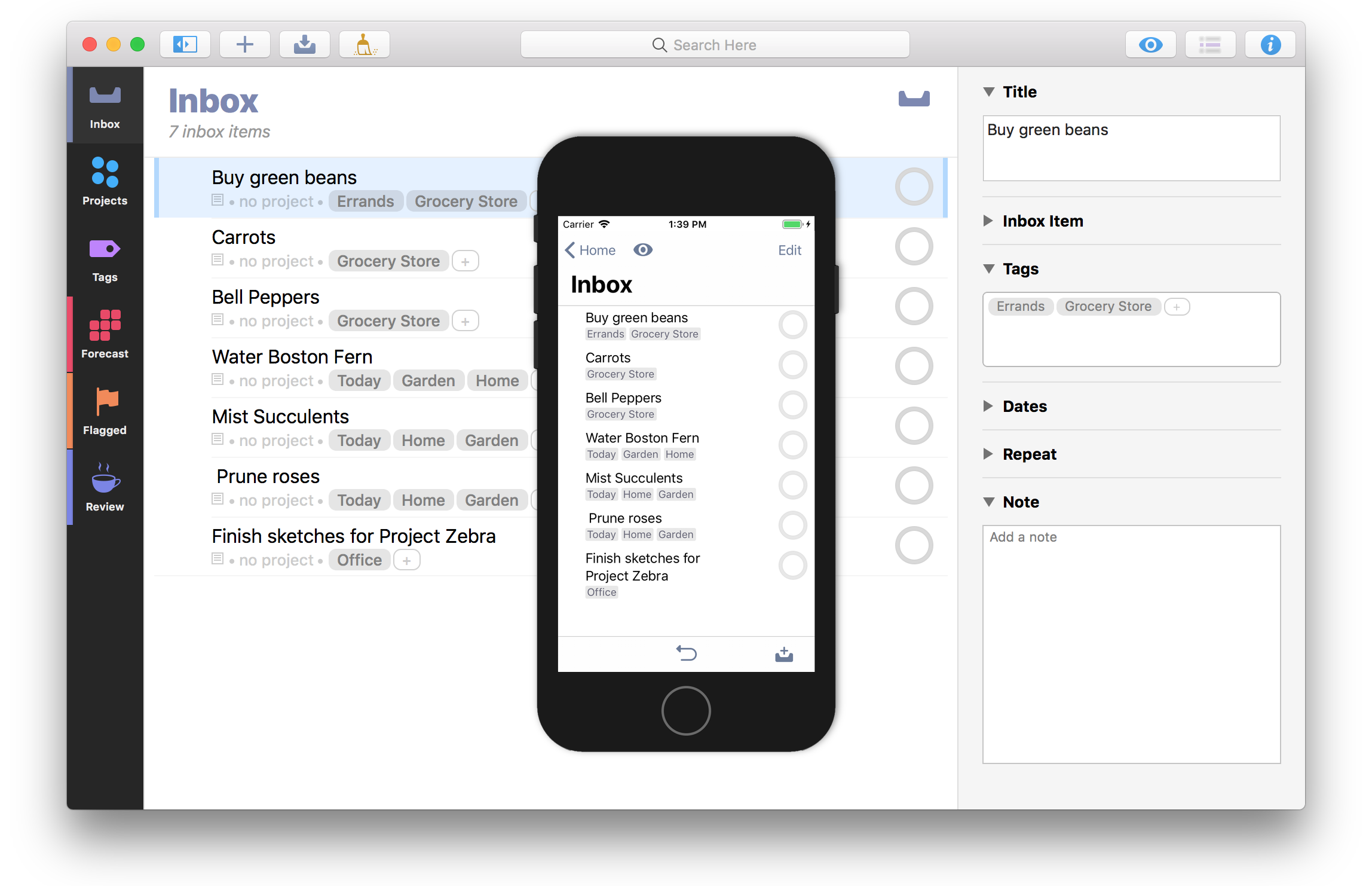 The ios and Mac Inbox screens for Omnifocus, showing tags on items